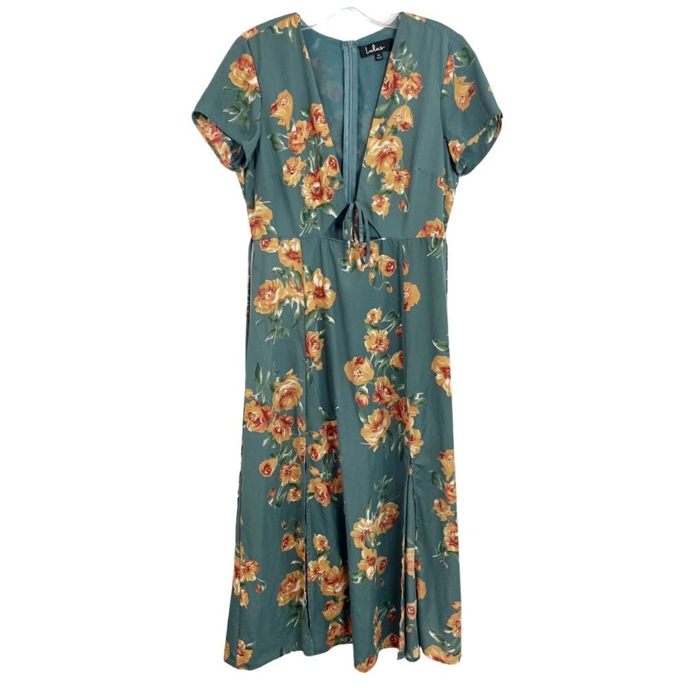 Lulus Best Day‎ of My Life Dusty Sage Floral Print Midi Dress Tie Front - MEDIUM